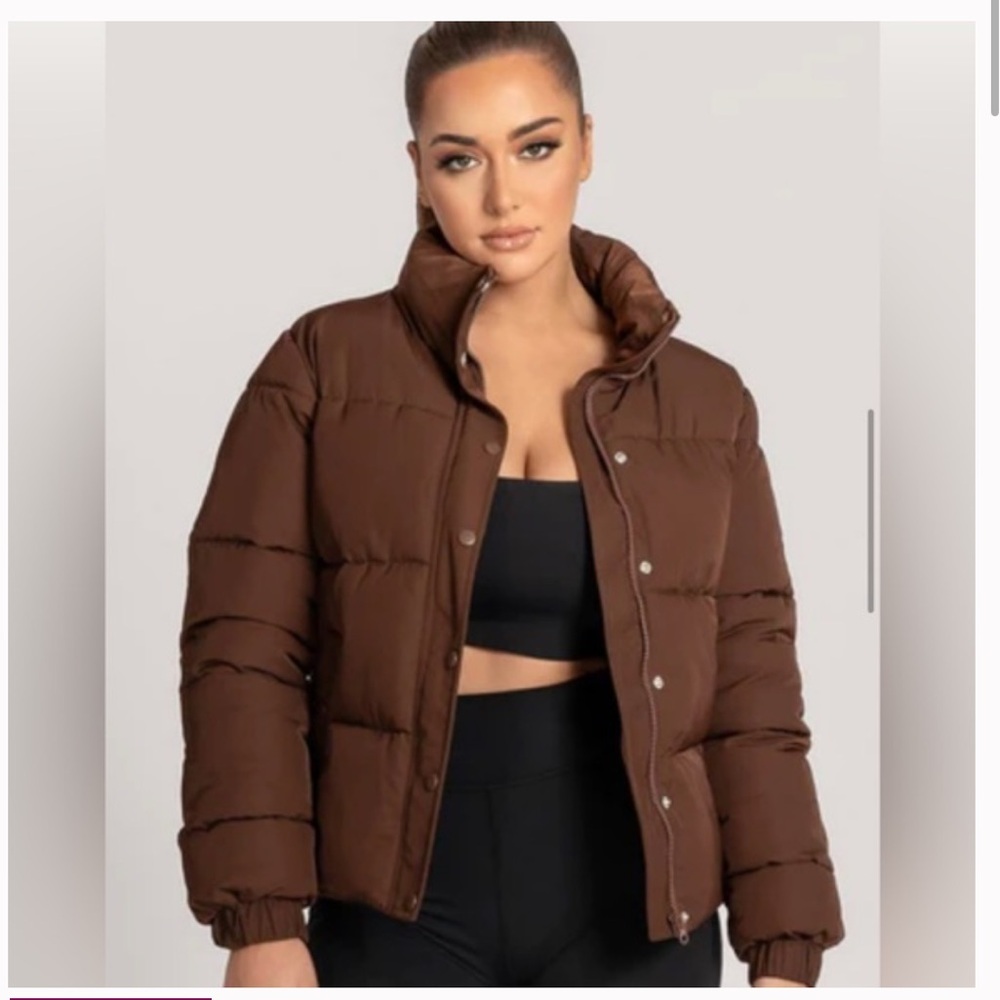 MESHKI brown puffer bomber jacket